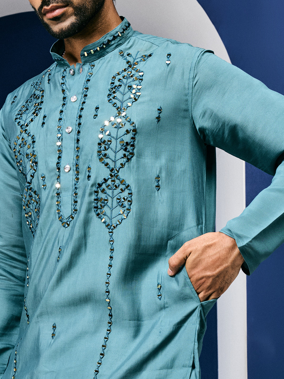 Sparkle Symphony Teal Blue Real Mirror Embroided Designer Kurta-pant Set