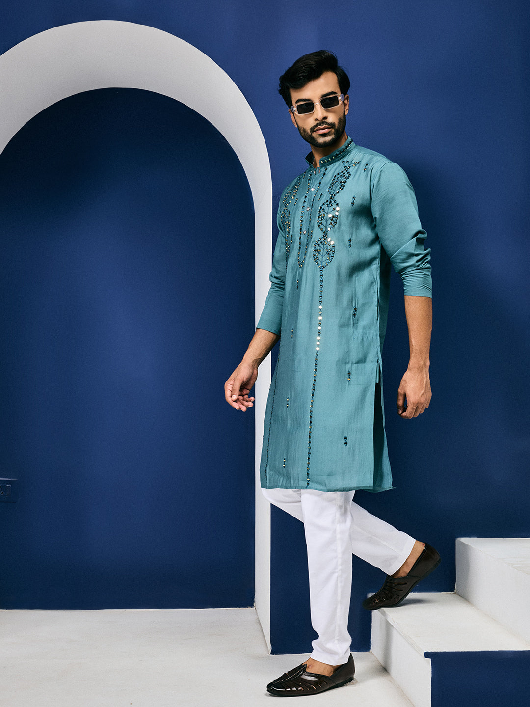 Sparkle Symphony Teal Blue Real Mirror Embroided Designer Kurta-pant Set