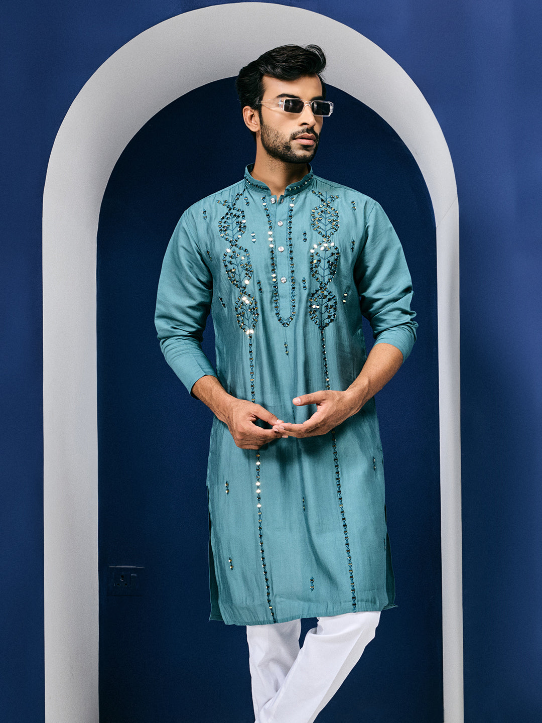 Sparkle Symphony Teal Blue Real Mirror Embroided Designer Kurta-pant Set