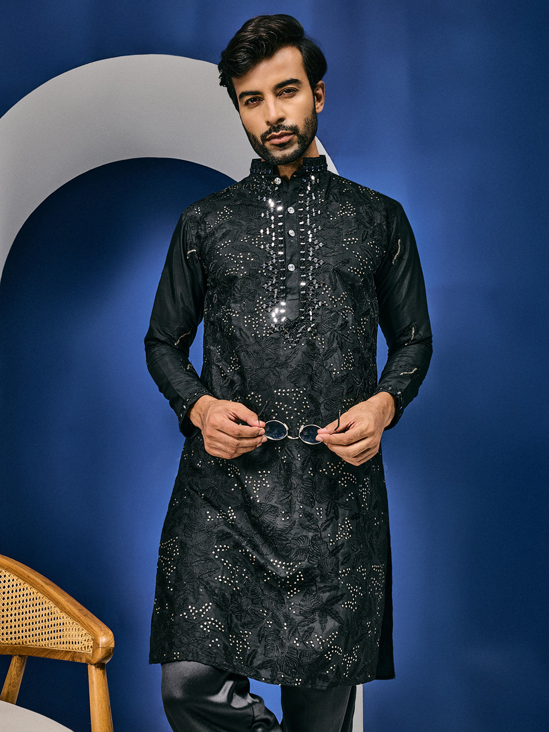 Roshni Black Real Mirror Neck Kurta With Sequins Embroidery Kurta Set