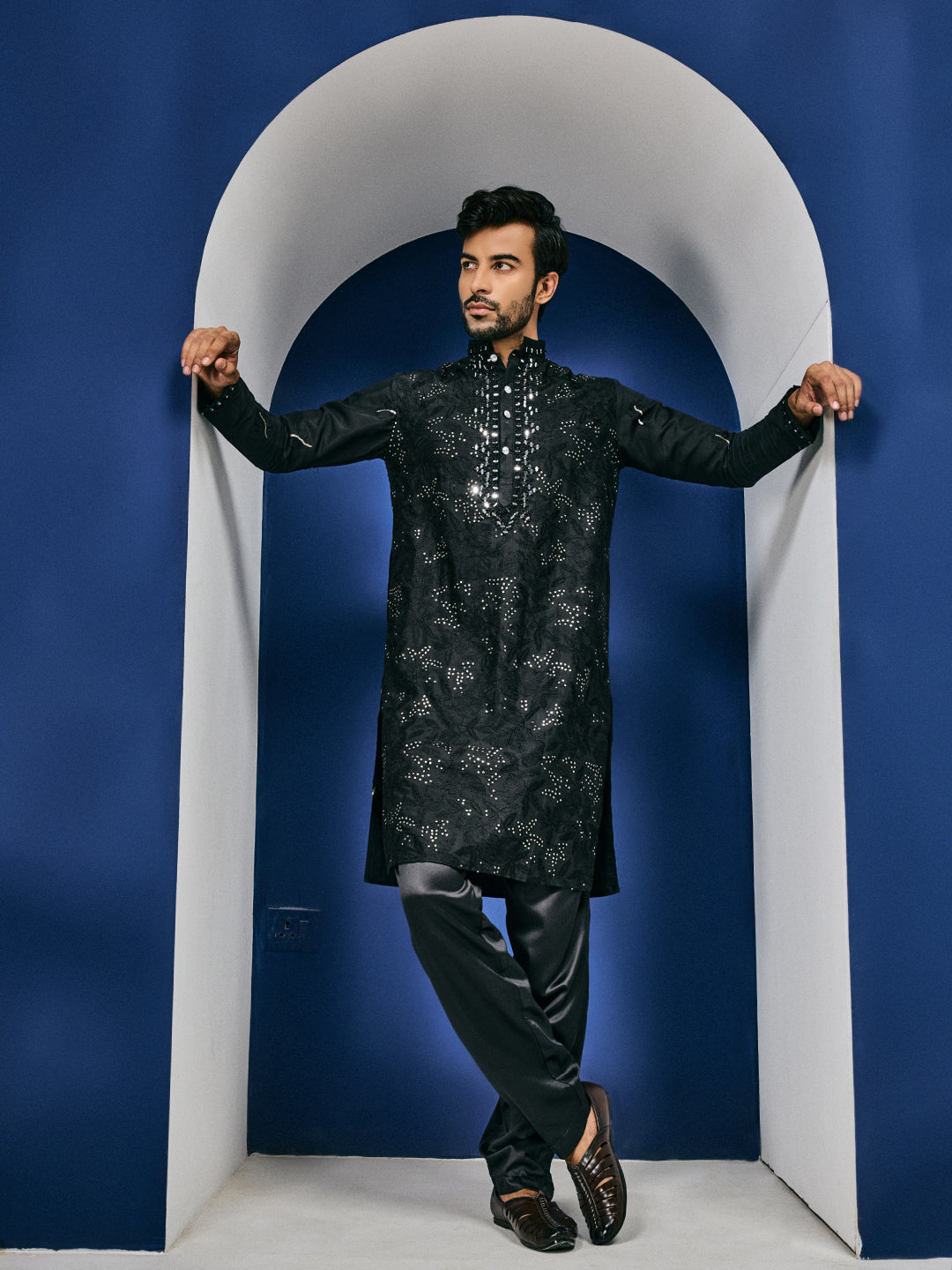 Roshni Black Real Mirror Neck Kurta With Sequins Embroidery Kurta Set
