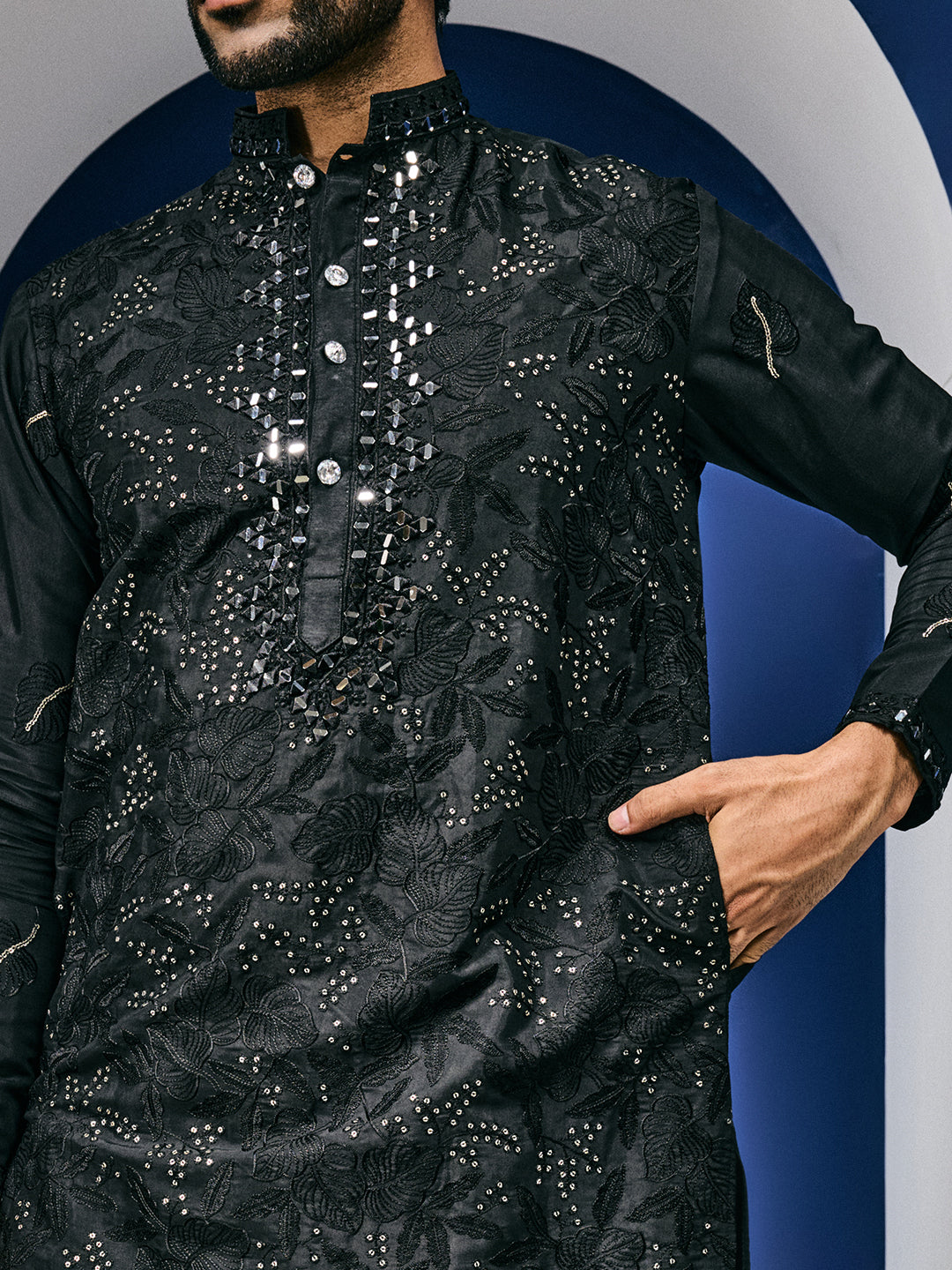 Roshni Black Real Mirror Neck Kurta With Sequins Embroidery Kurta Set