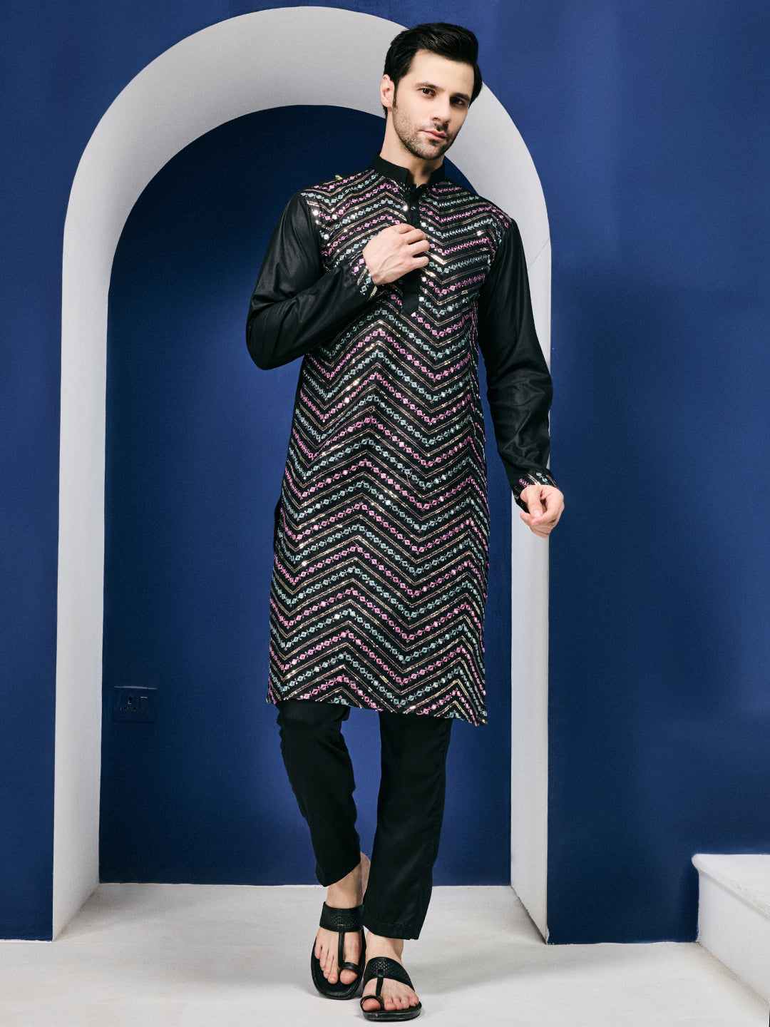 Zig Zag Sparkle Embroided Black Pure Linen Kurta-pant Set