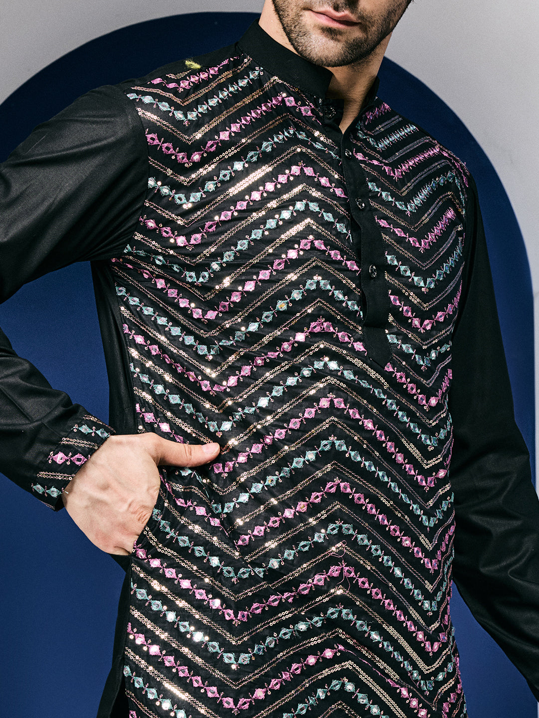 Zig Zag Sparkle Embroided Black Pure Linen Kurta-pant Set