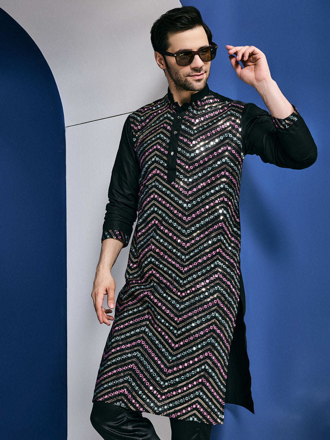 Zig Zag Sparkle Embroided Black Pure Linen Kurta-pant Set