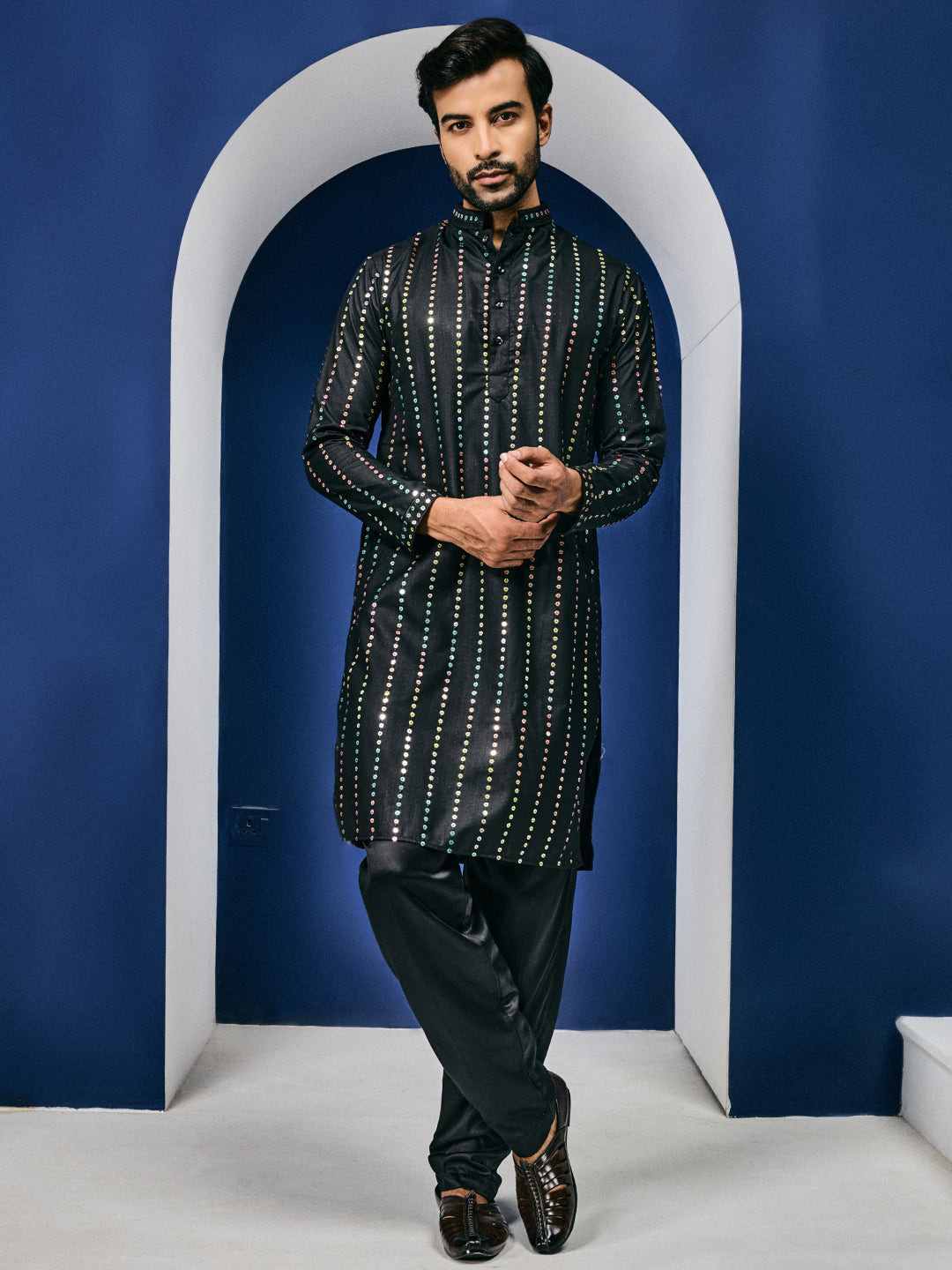Black Aurora Sequin Stripe Kurta