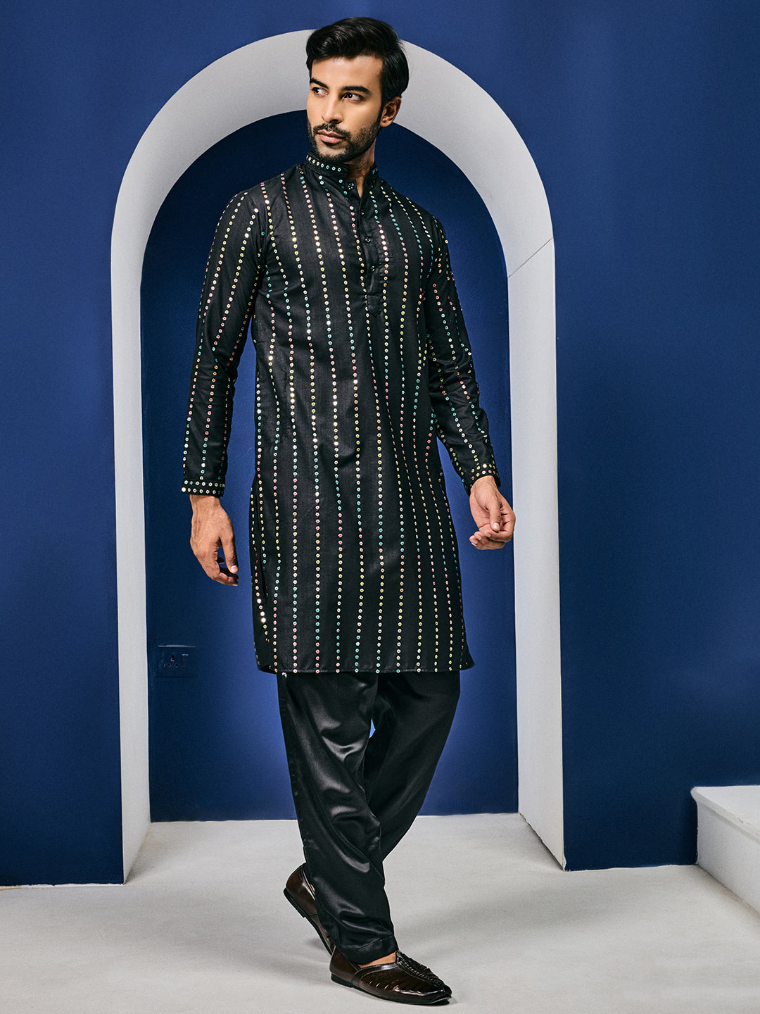 Black Aurora Sequin Stripe Kurta