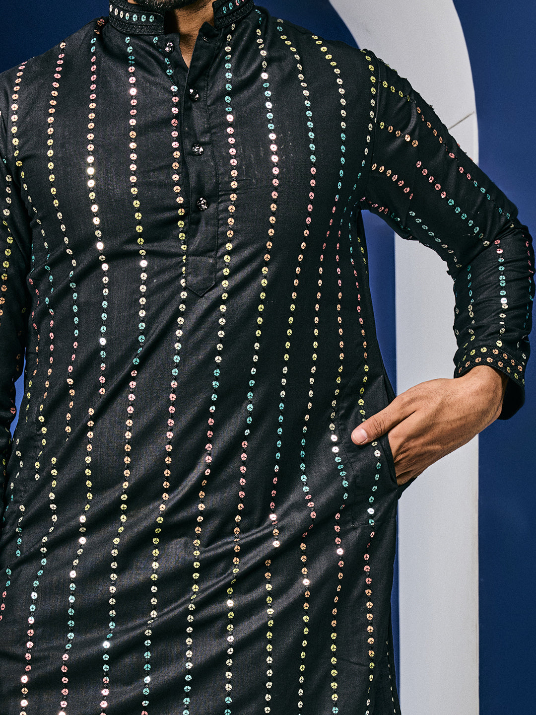 Black Aurora Sequin Stripe Kurta