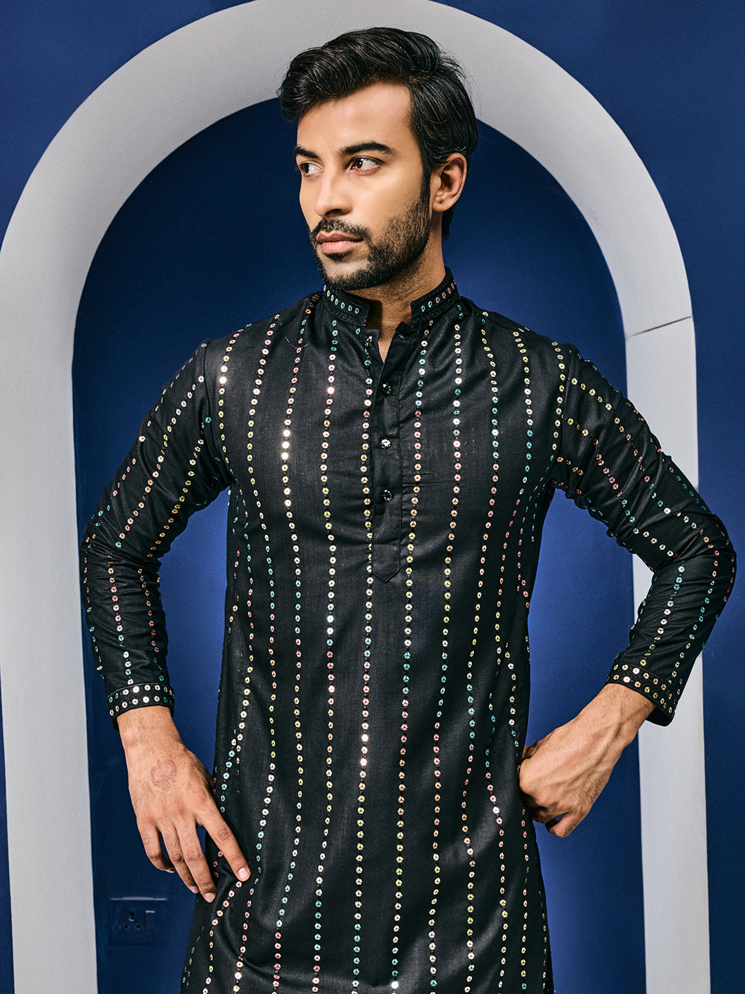 Black Aurora Sequin Stripe Kurta