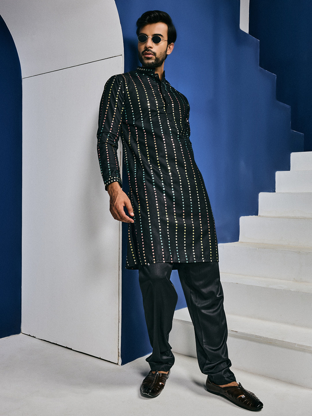 Black Aurora Sequin Stripe Kurta