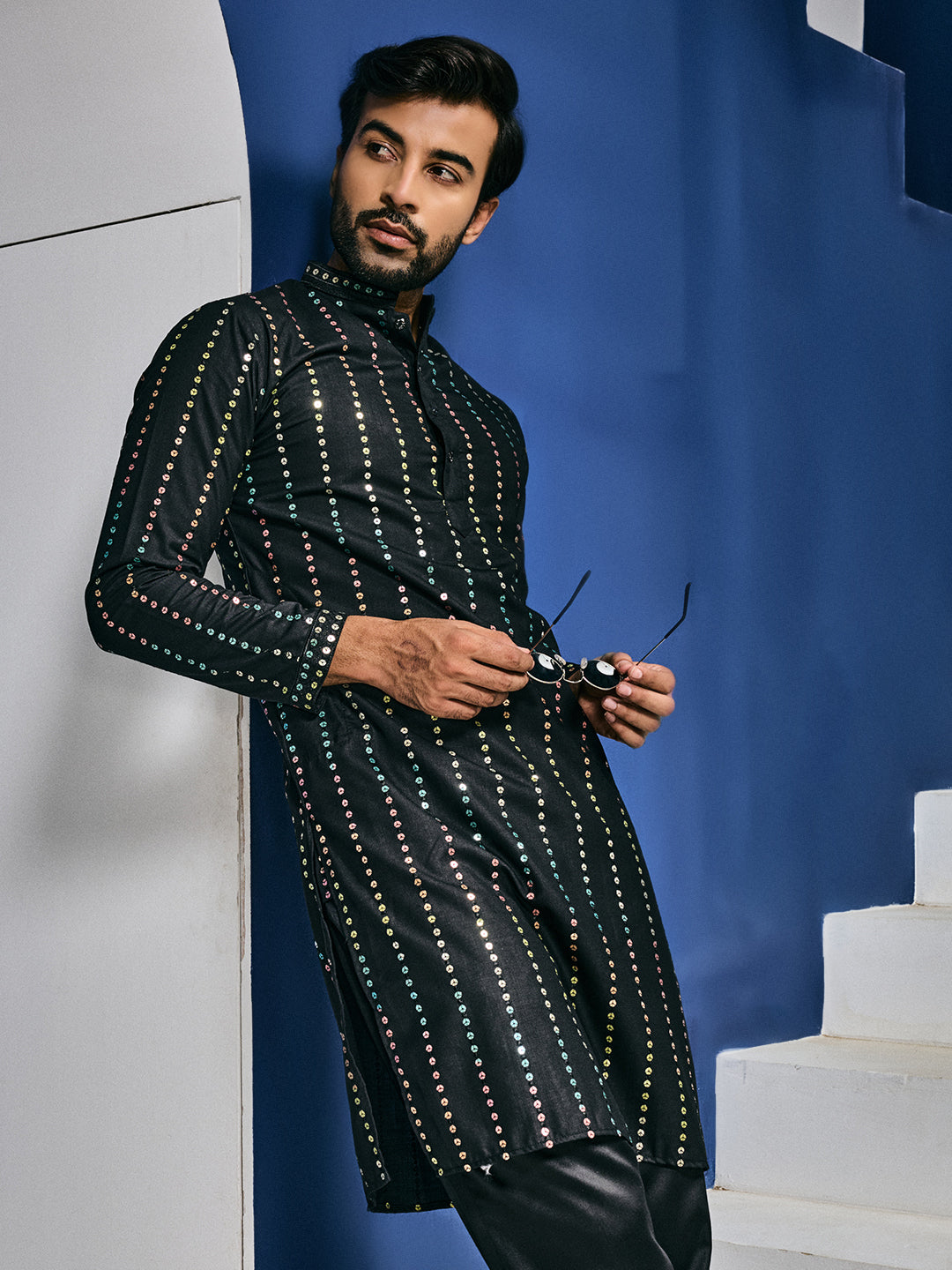 Black Aurora Sequin Stripe Kurta