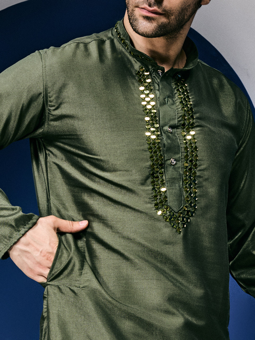 Sparkle Symphony Bottle Green Real Mirror Neck Embroidered Kurta-pant set