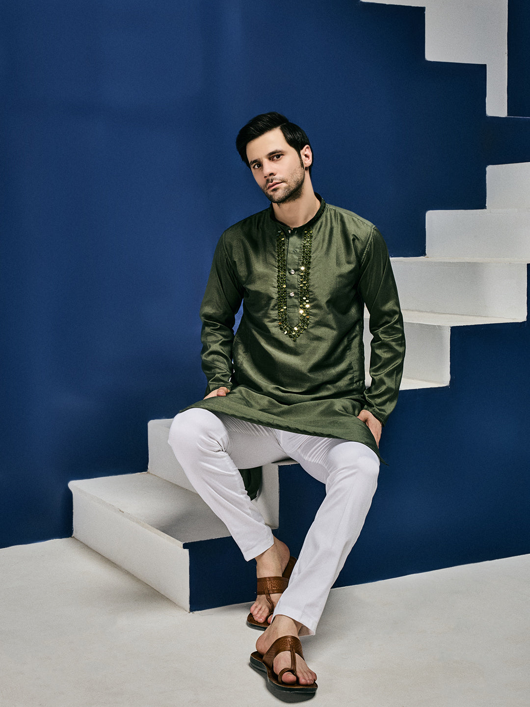 Sparkle Symphony Bottle Green Real Mirror Neck Embroidered Kurta-pant set