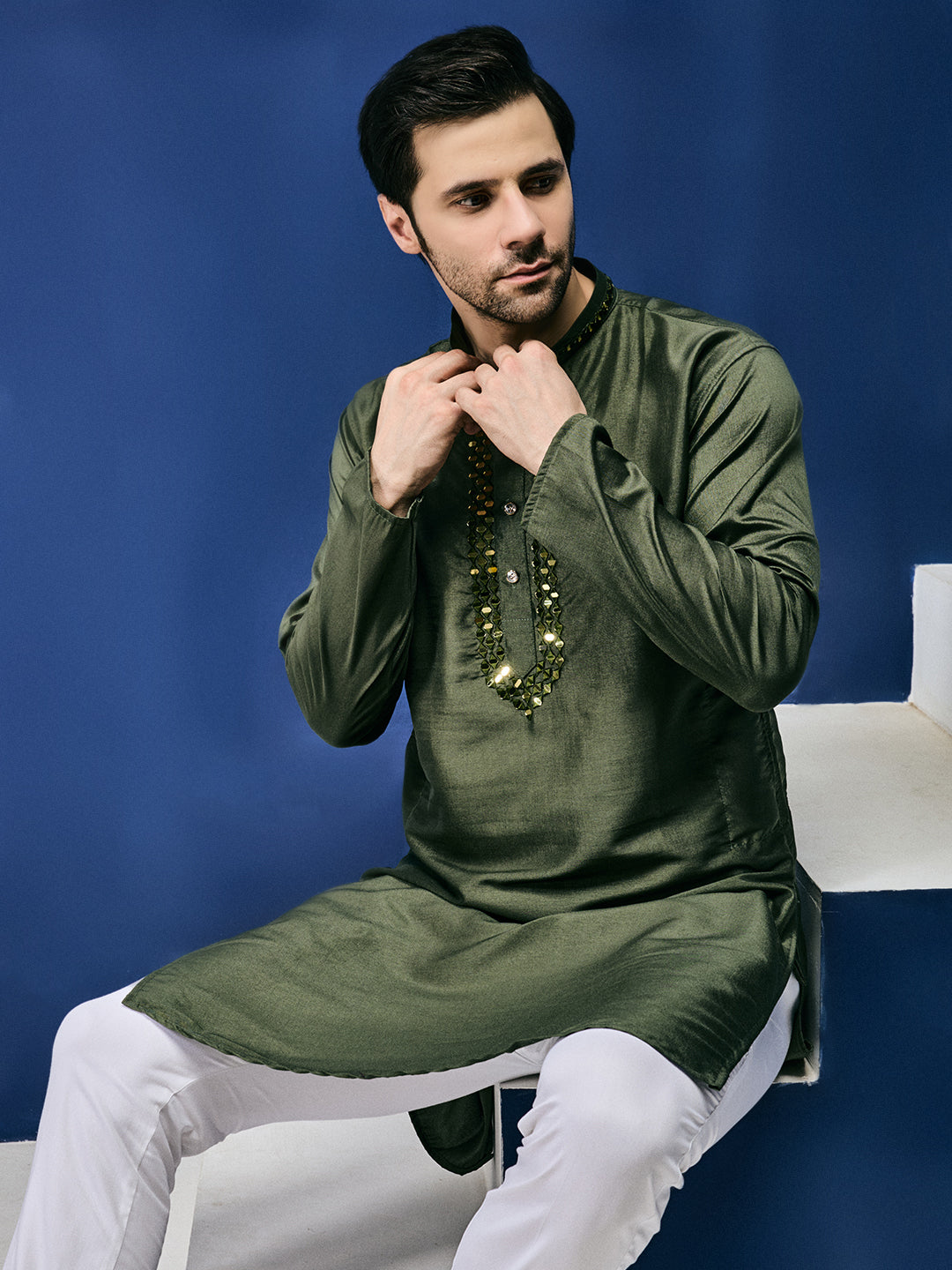 Sparkle Symphony Bottle Green Real Mirror Neck Embroidered Kurta-pant set