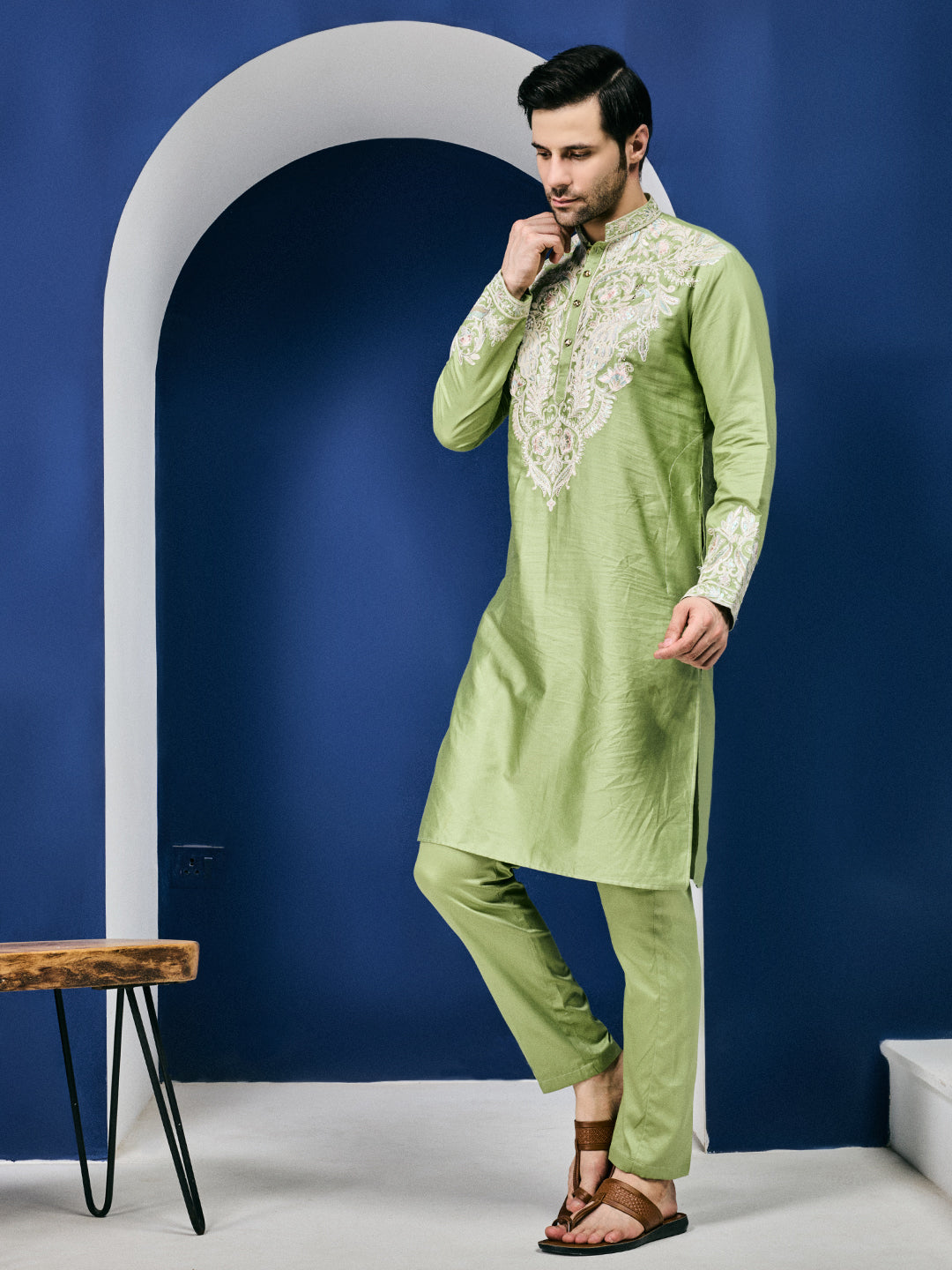 Celestial Pastel Green Neck Embroidered With Matching Sleeves On Pure Cotton Kurta Set