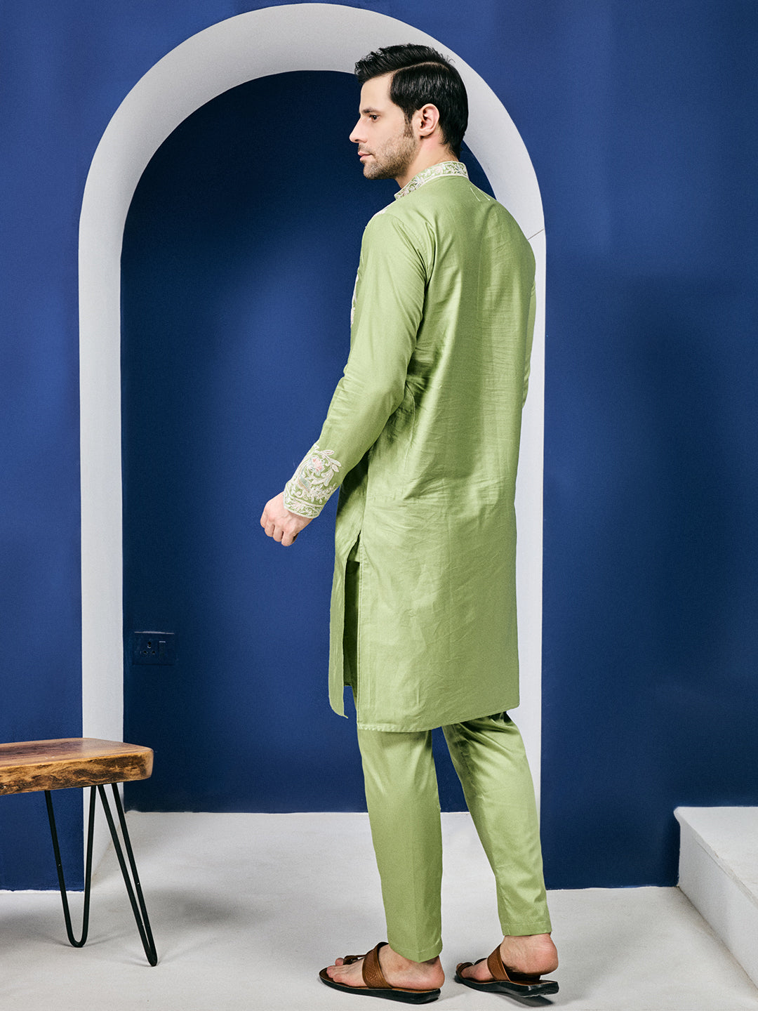 Celestial Pastel Green Neck Embroidered With Matching Sleeves On Pure Cotton Kurta Set