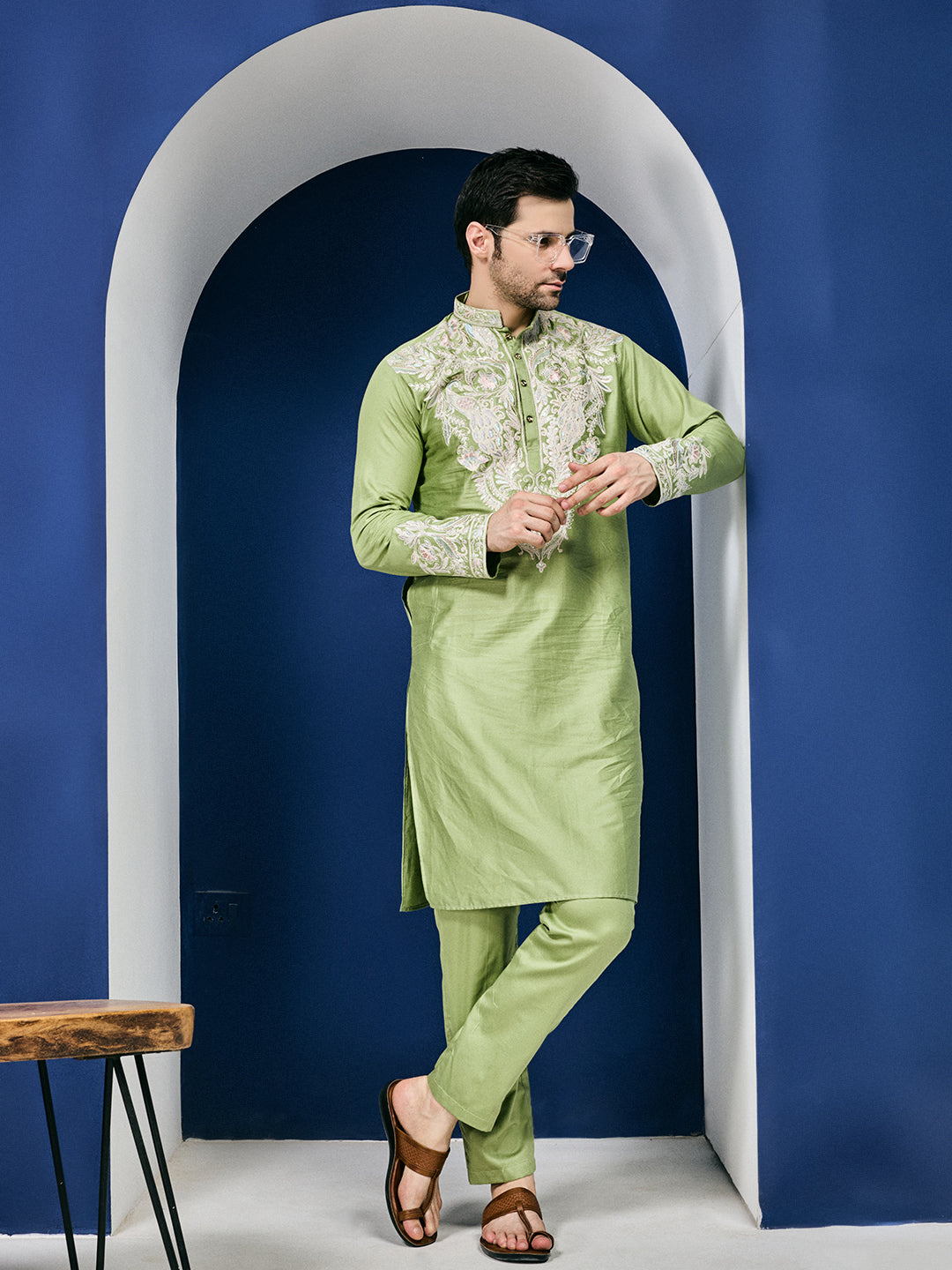 Celestial Pastel Green Neck Embroidered With Matching Sleeves On Pure Cotton Kurta Set