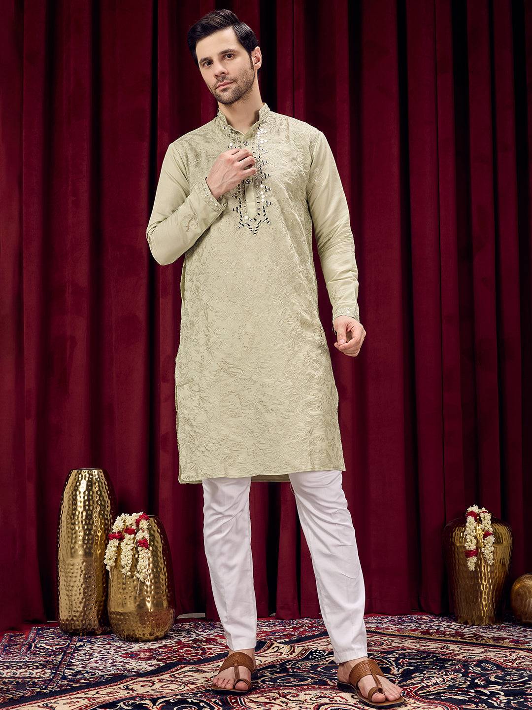 Roshni Olive Real Mirror Neck Kurta With Sequins Embroidery Kurta Set