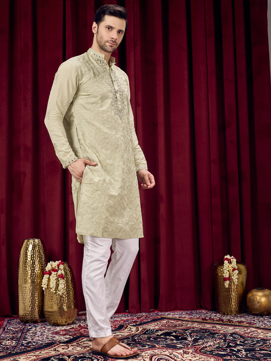 Roshni Olive Real Mirror Neck Kurta With Sequins Embroidery Kurta Set