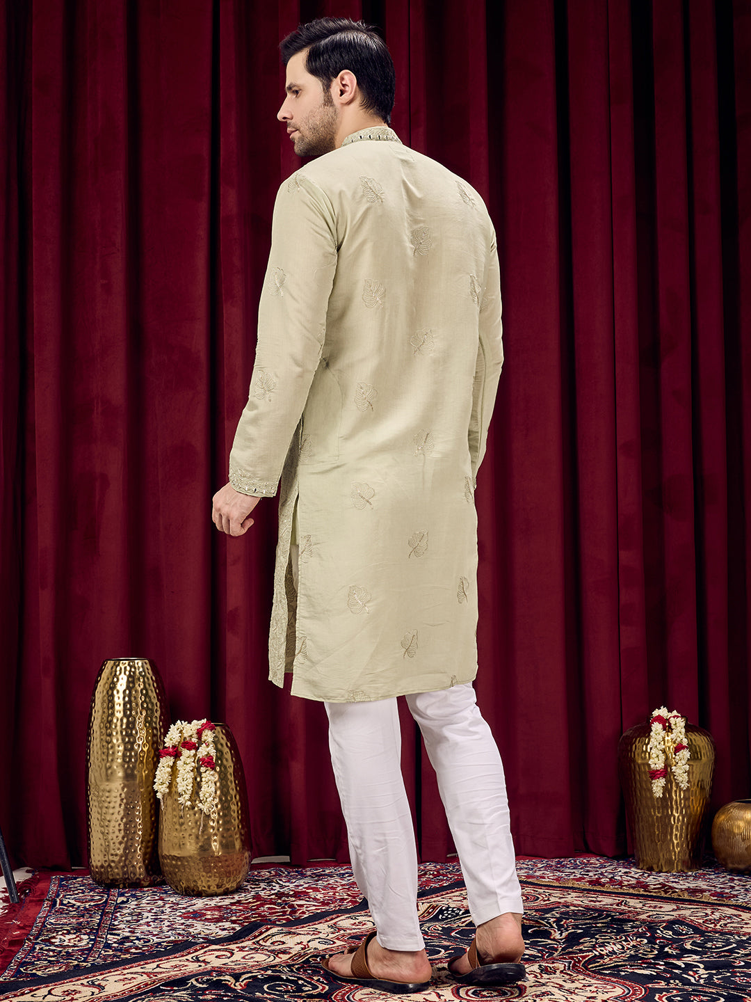 Roshni Olive Real Mirror Neck Kurta With Sequins Embroidery Kurta Set