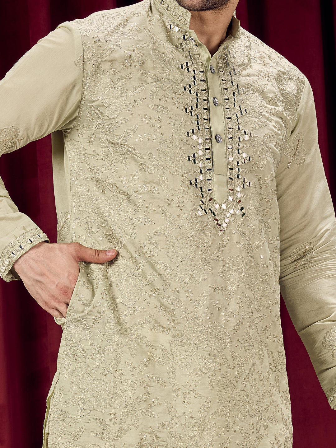 Roshni Olive Real Mirror Neck Kurta With Sequins Embroidery Kurta Set