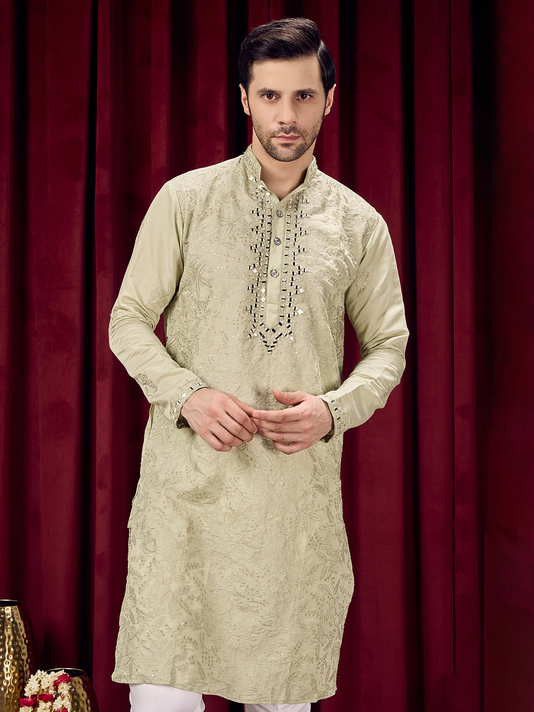 Roshni Olive Real Mirror Neck Kurta With Sequins Embroidery Kurta Set