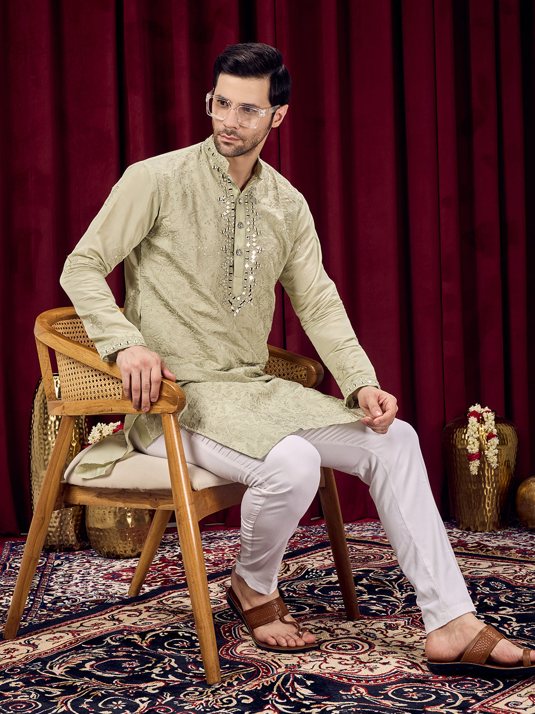 Roshni Olive Real Mirror Neck Kurta With Sequins Embroidery Kurta Set