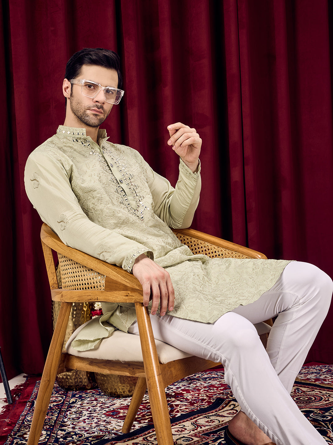 Roshni Olive Real Mirror Neck Kurta With Sequins Embroidery Kurta Set