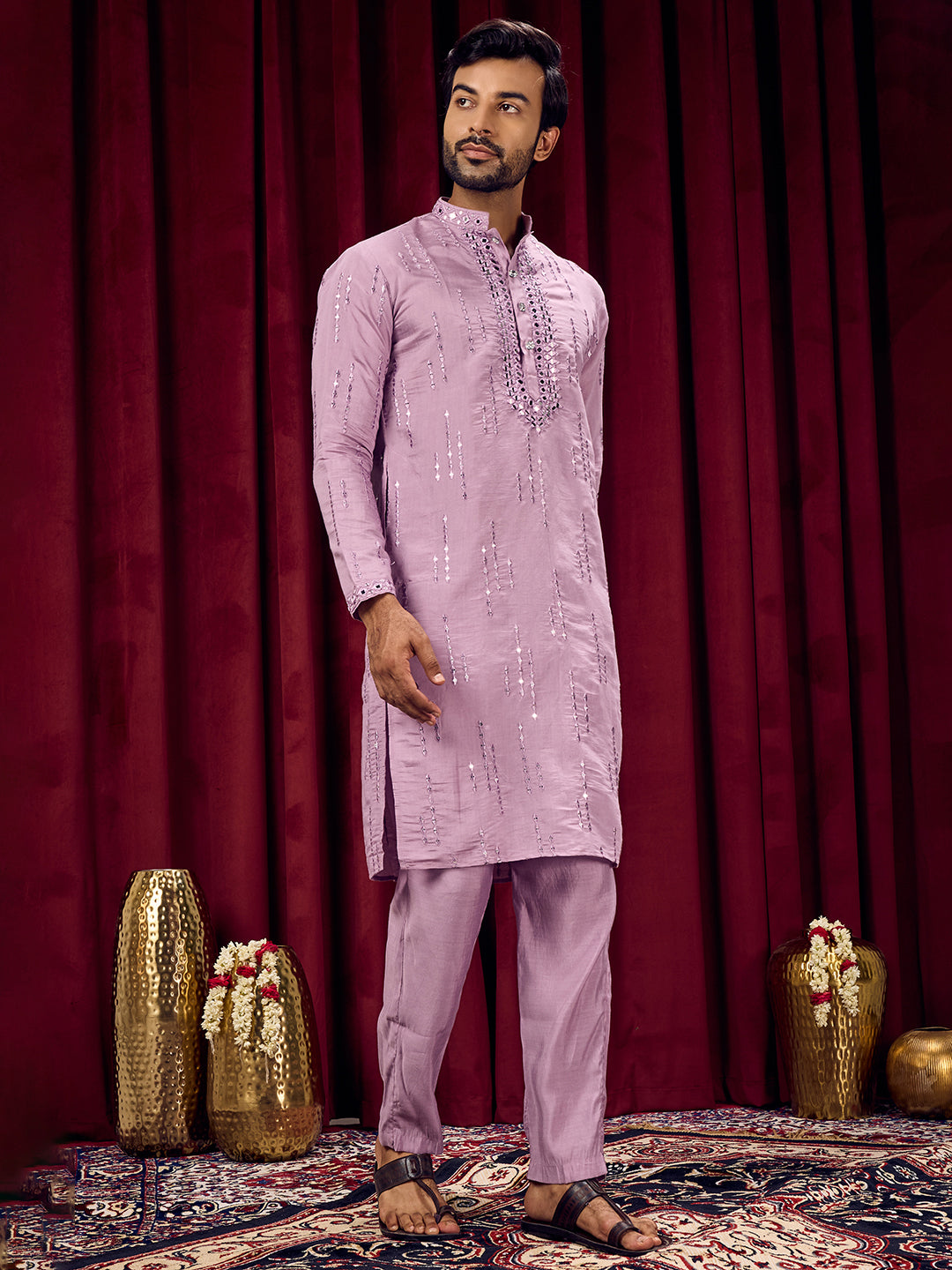 Roshni Lavender Real Mirror Neck Kurta With Sequined Embroidery Kurta Set