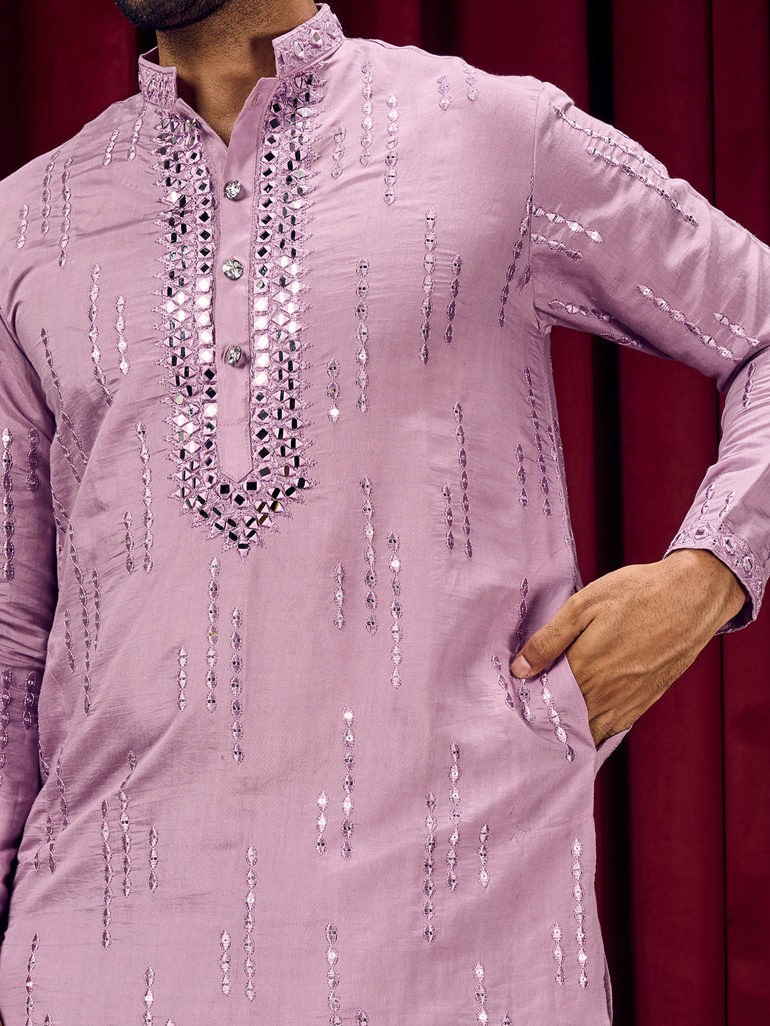 Roshni Lavender Real Mirror Neck Kurta With Sequined Embroidery Kurta Set