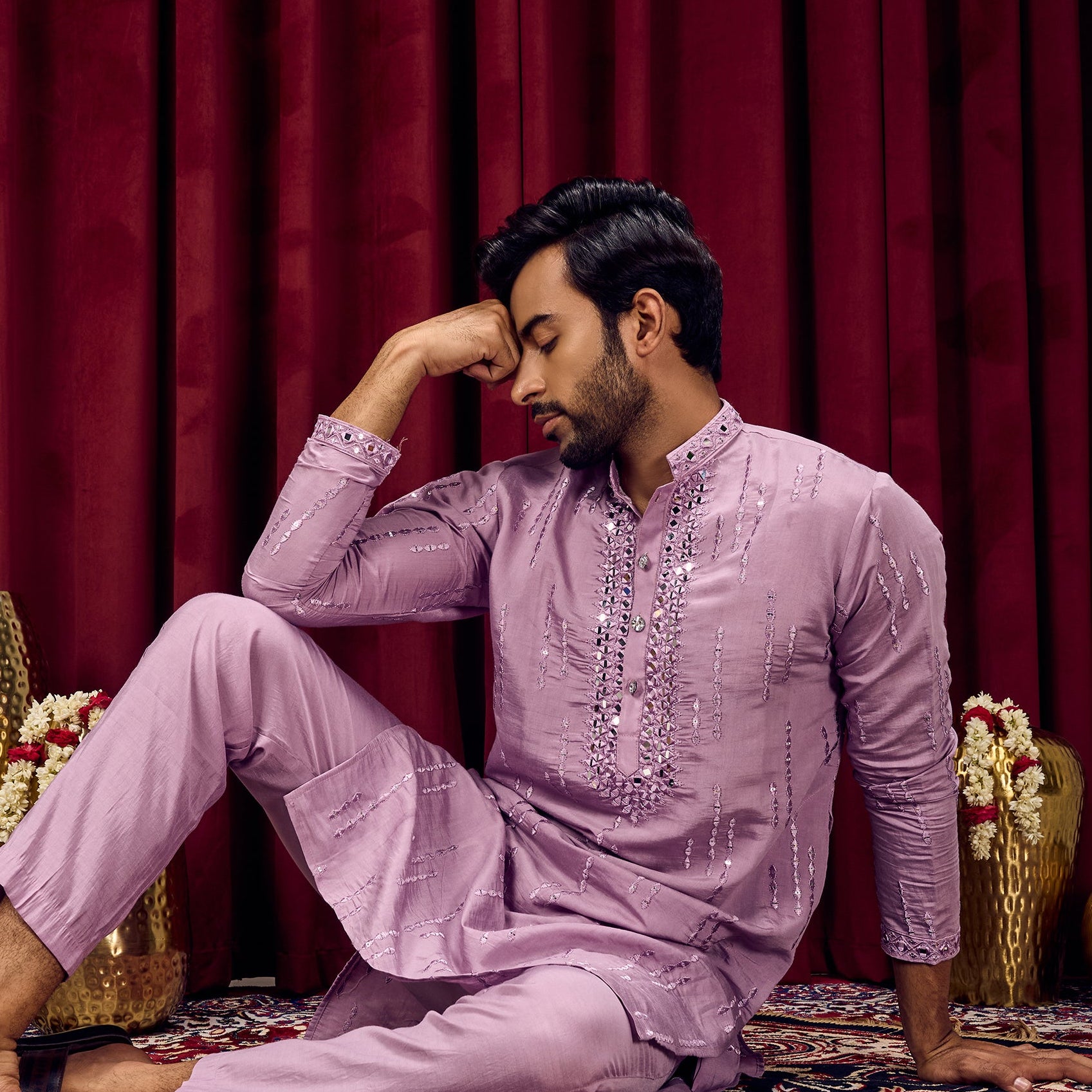 Roshni Lavender Real Mirror Neck Kurta With Sequined Embroidery Kurta Set