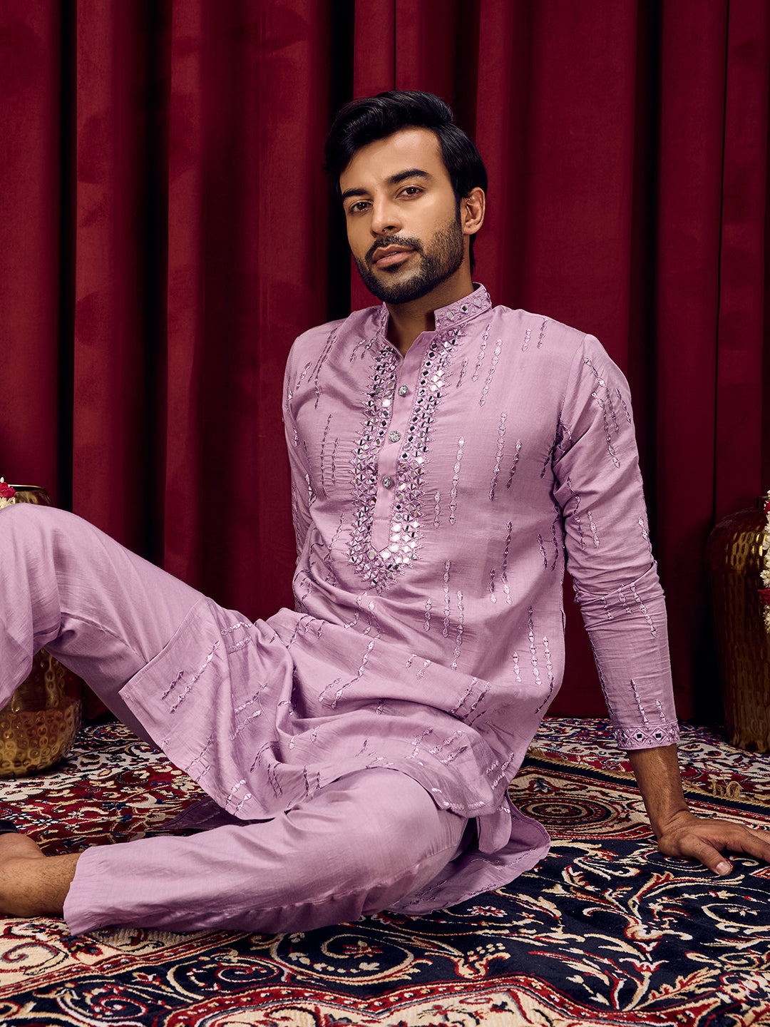 Roshni Lavender Real Mirror Neck Kurta With Sequined Embroidery Kurta Set