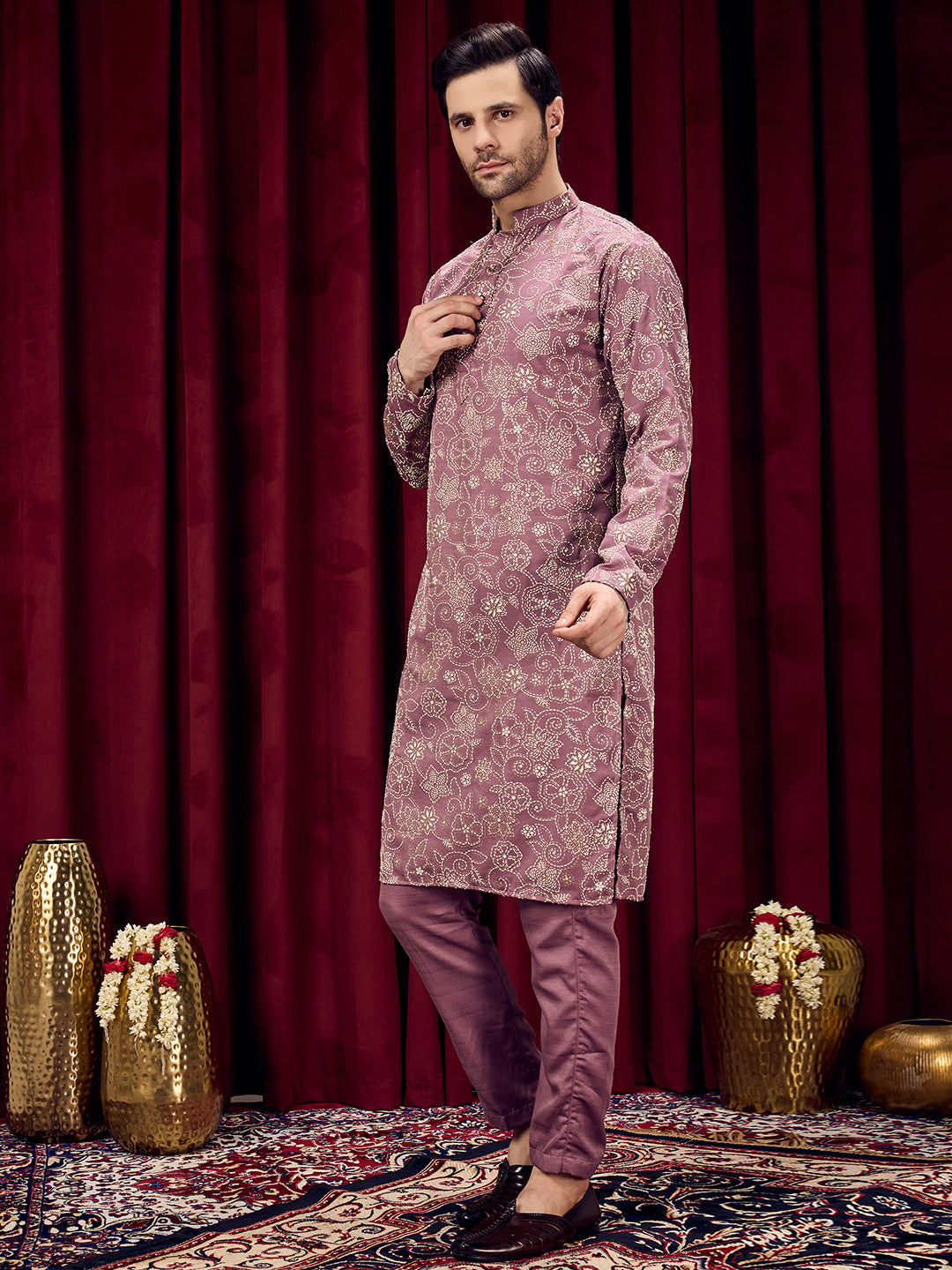 Roohani Lavender Dark Floral Printed Kurta With Pant Set