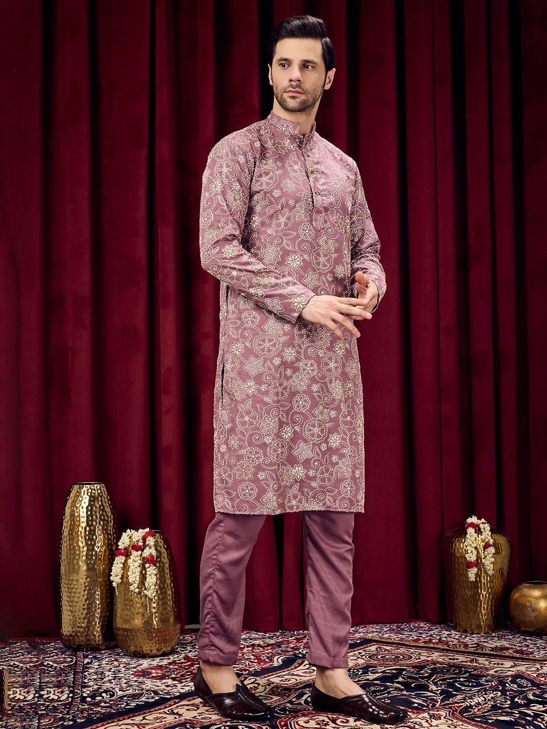 Roohani Lavender Dark Floral Printed Kurta With Pant Set