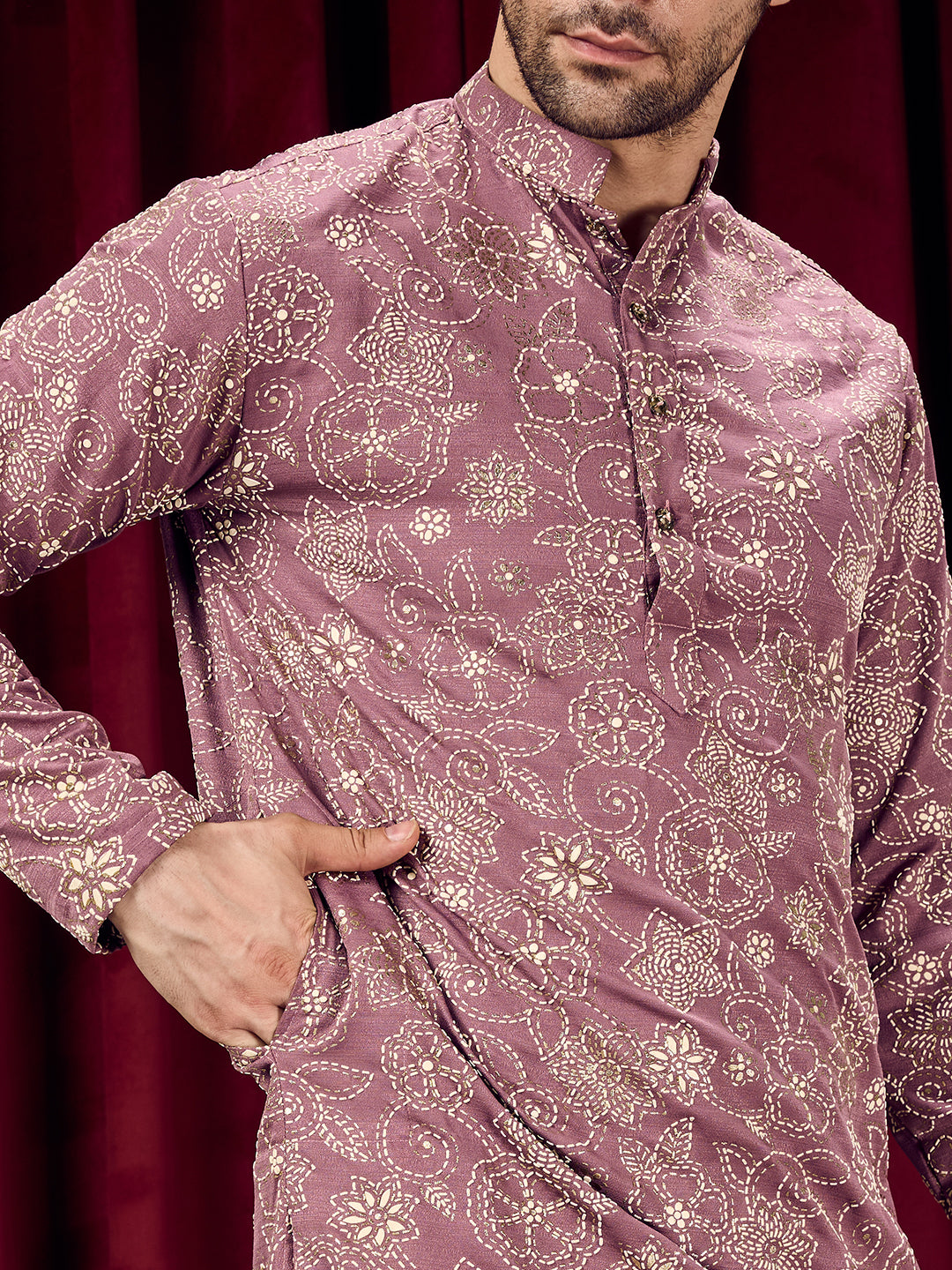 Roohani Lavender Dark Floral Printed Kurta With Pant Set