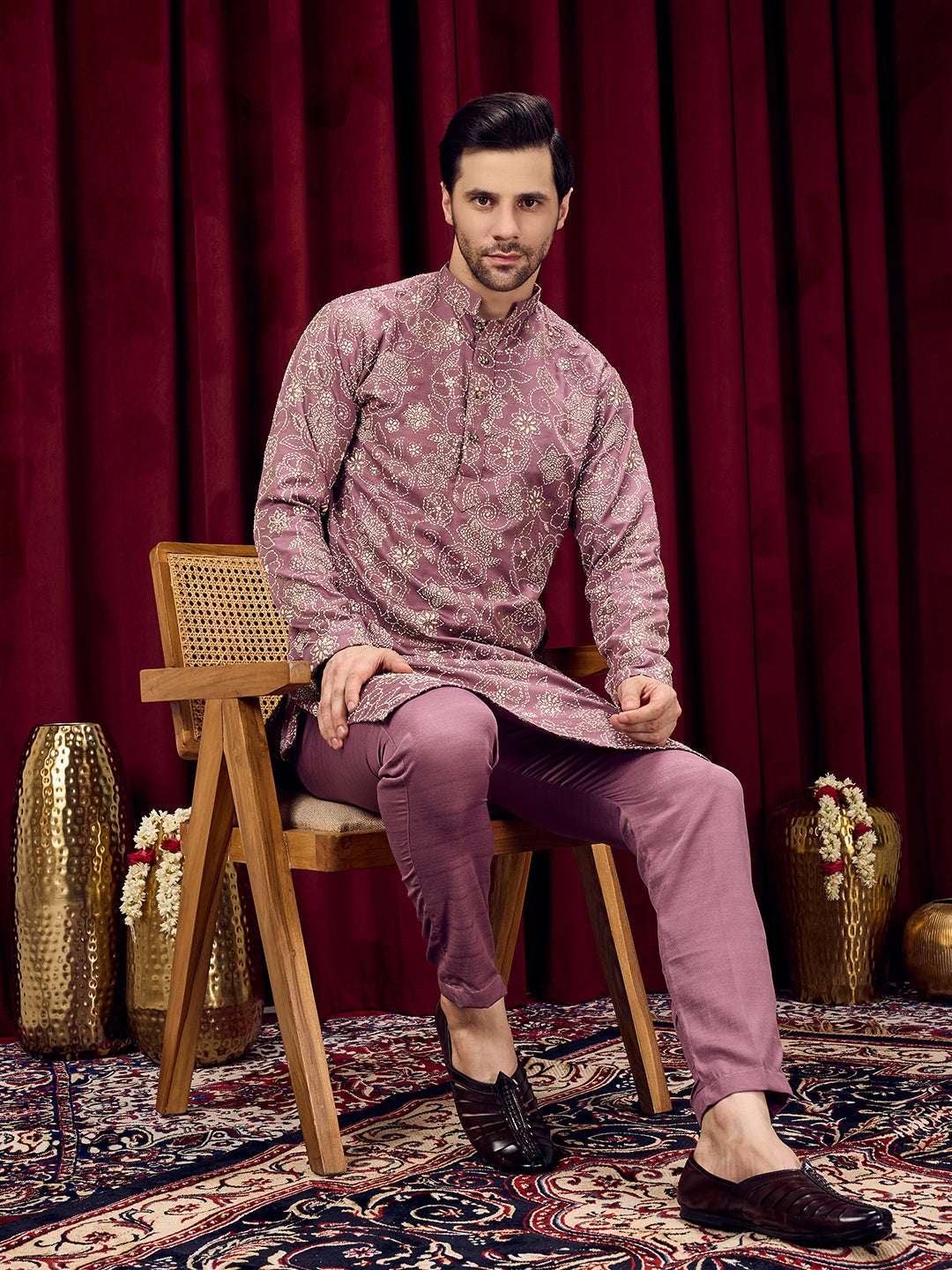 Roohani Lavender Dark Floral Printed Kurta With Pant Set
