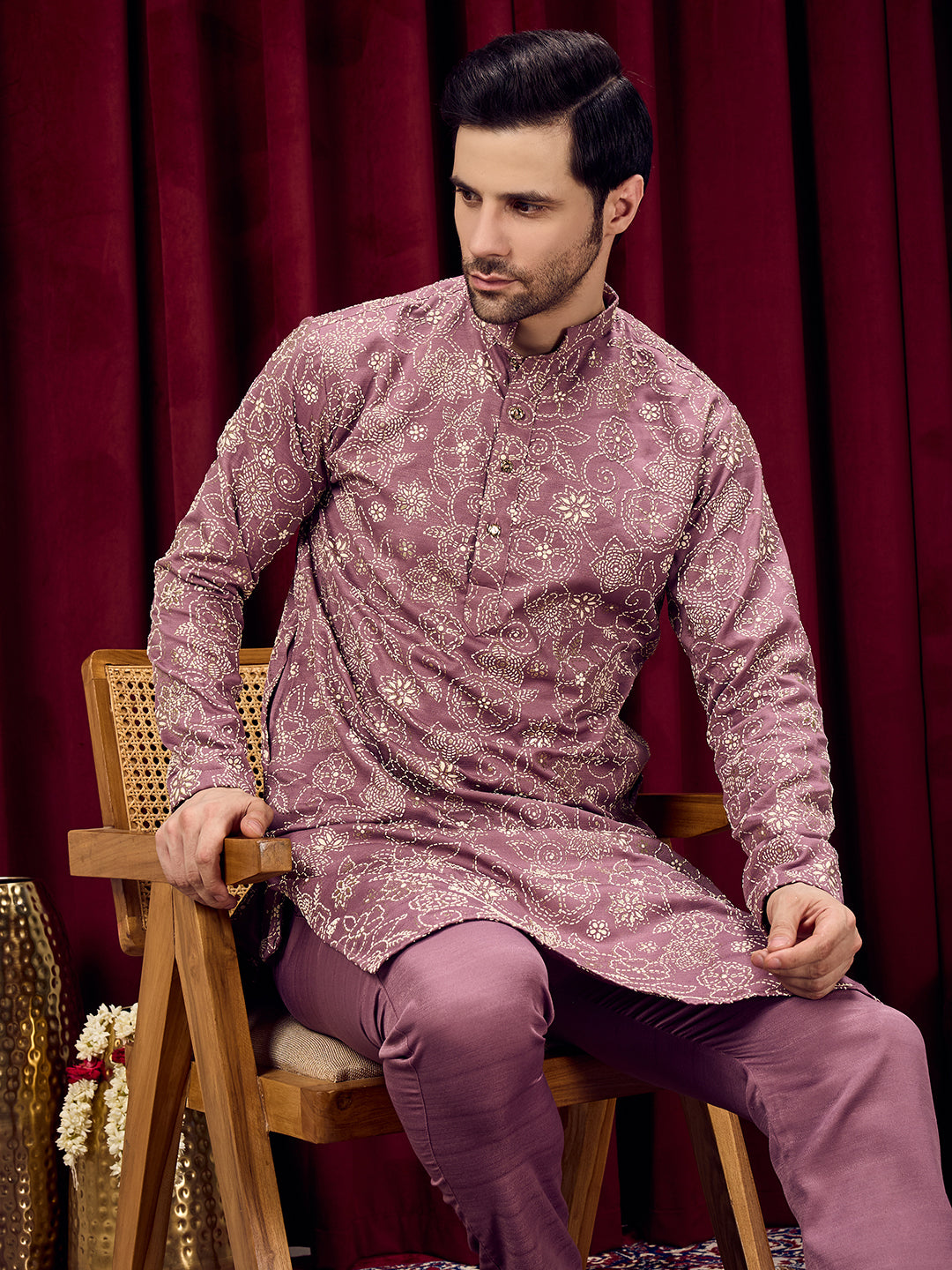 Roohani Lavender Dark Floral Printed Kurta With Pant Set