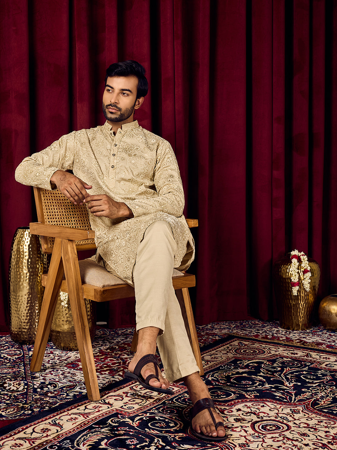 Roohani Beige Floral Printed Kurta With Pant Set