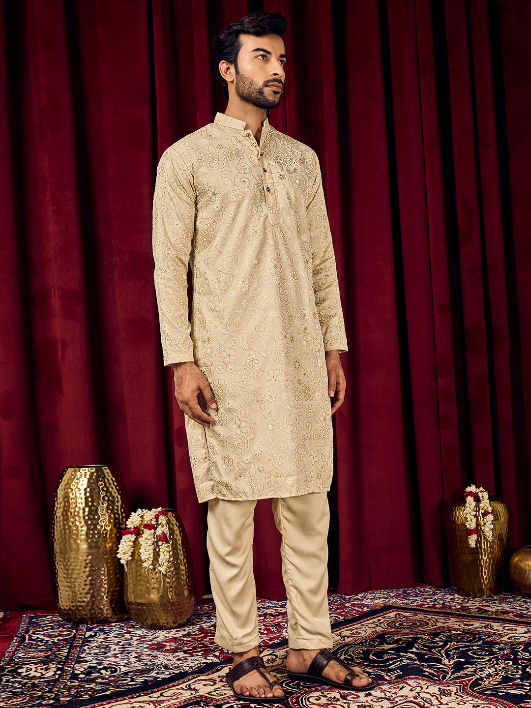 Roohani Beige Floral Printed Kurta With Pant Set