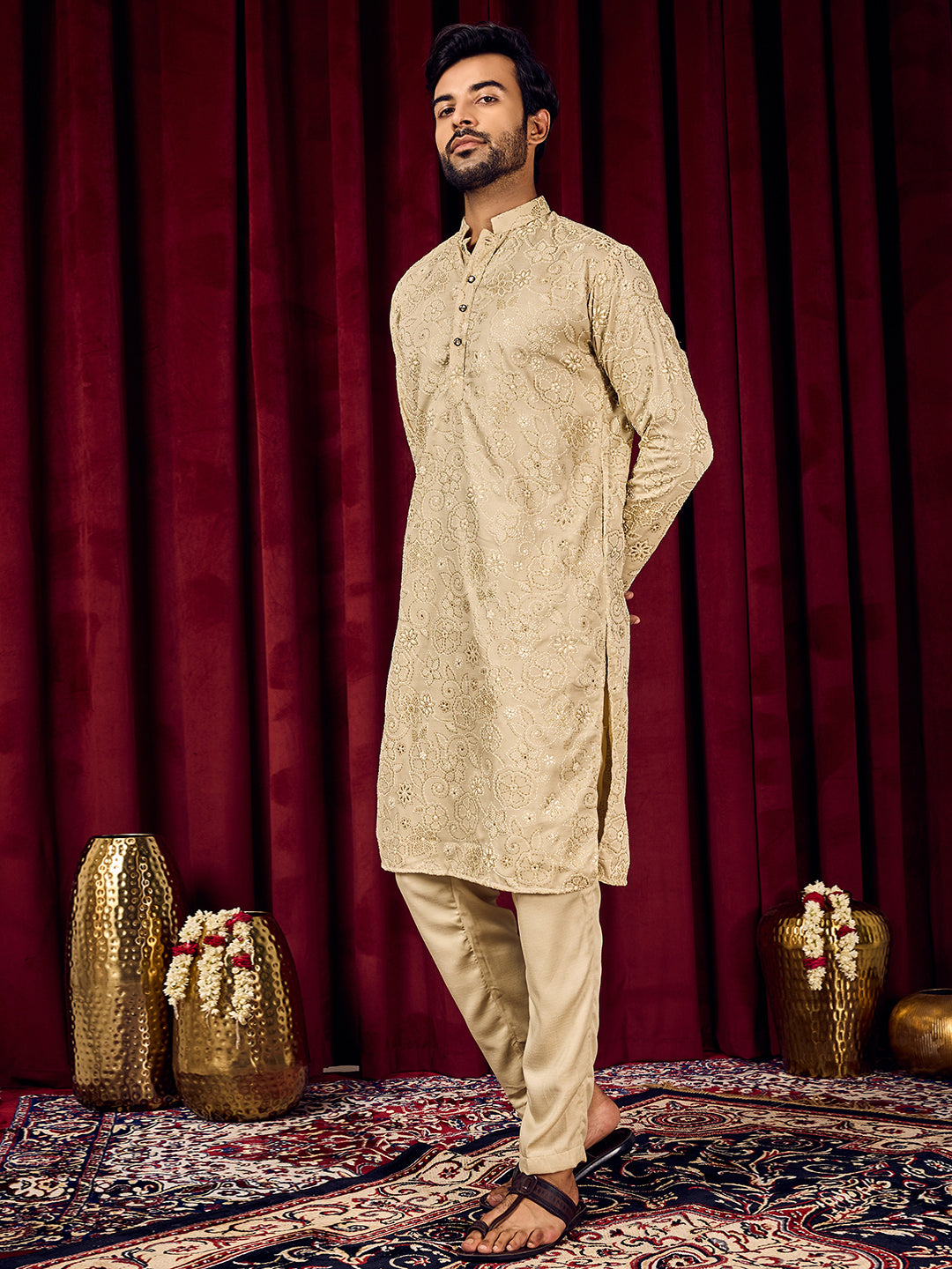 Roohani Beige Floral Printed Kurta With Pant Set