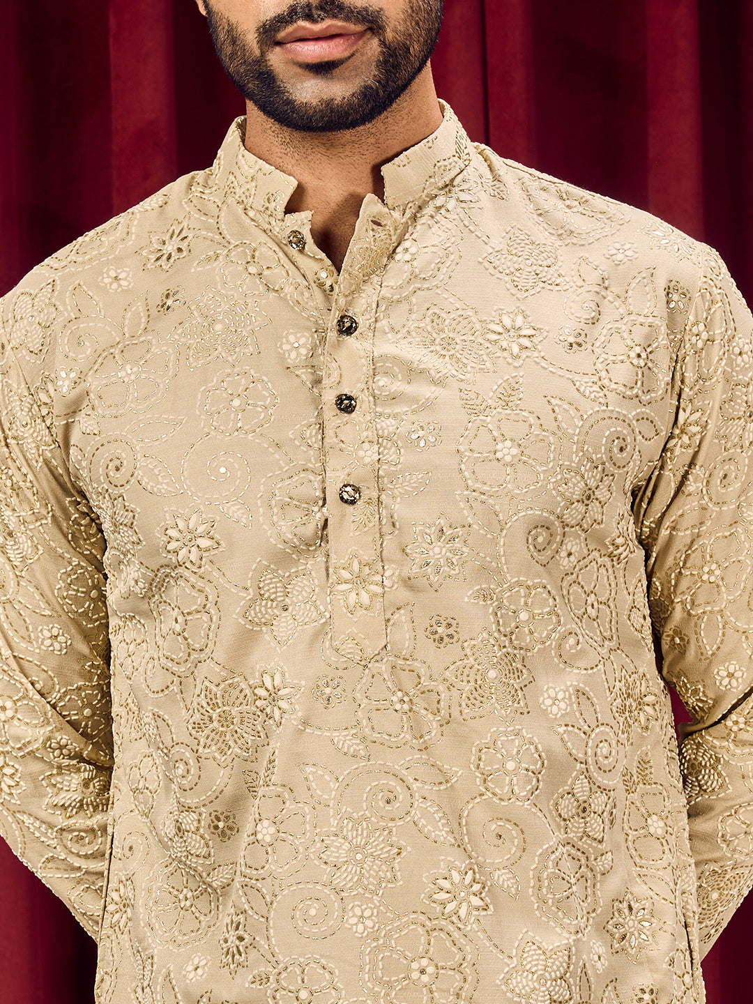 Roohani Beige Floral Printed Kurta With Pant Set