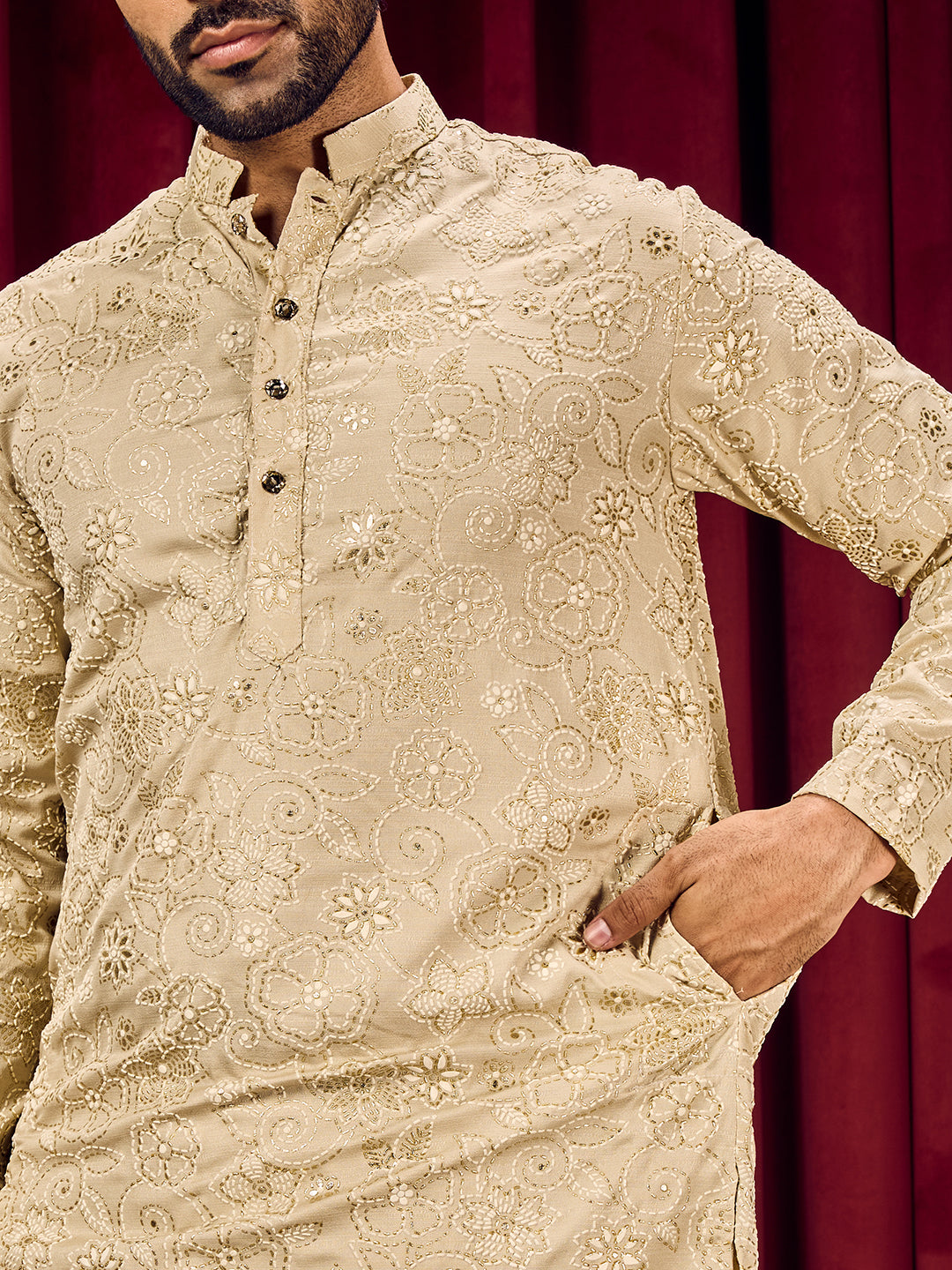 Roohani Beige Floral Printed Kurta With Pant Set