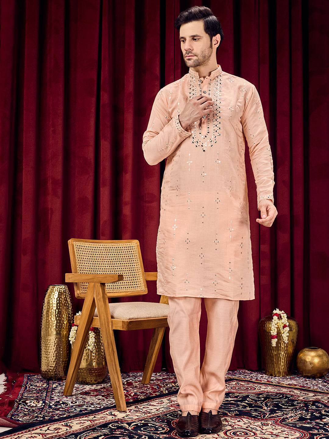 Roshni Peach Real Mirror Neck Kurta With Sequined Embroidery Kurta Set