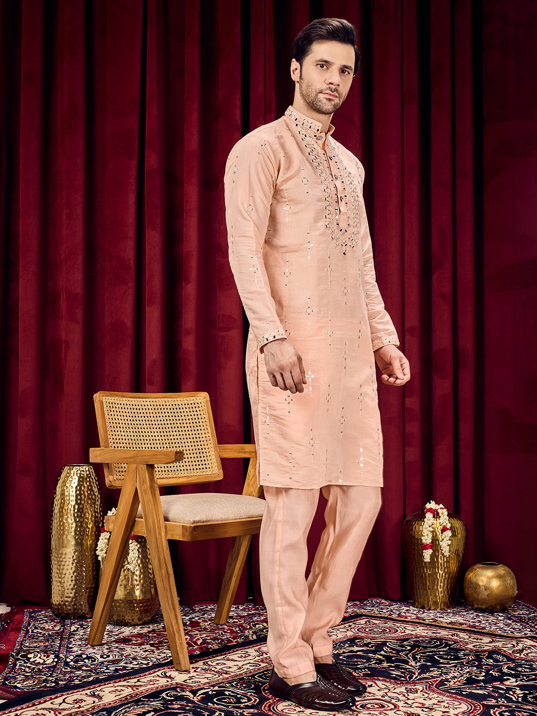 Roshni Peach Real Mirror Neck Kurta With Sequined Embroidery Kurta Set