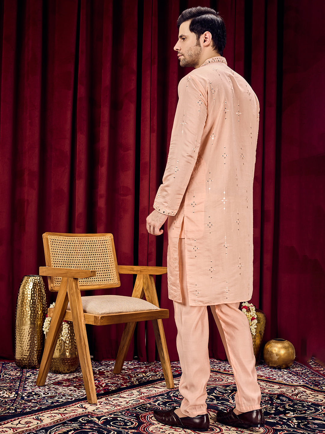 Roshni Peach Real Mirror Neck Kurta With Sequined Embroidery Kurta Set