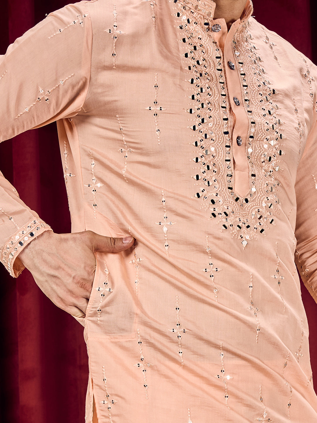 Roshni Peach Real Mirror Neck Kurta With Sequined Embroidery Kurta Set