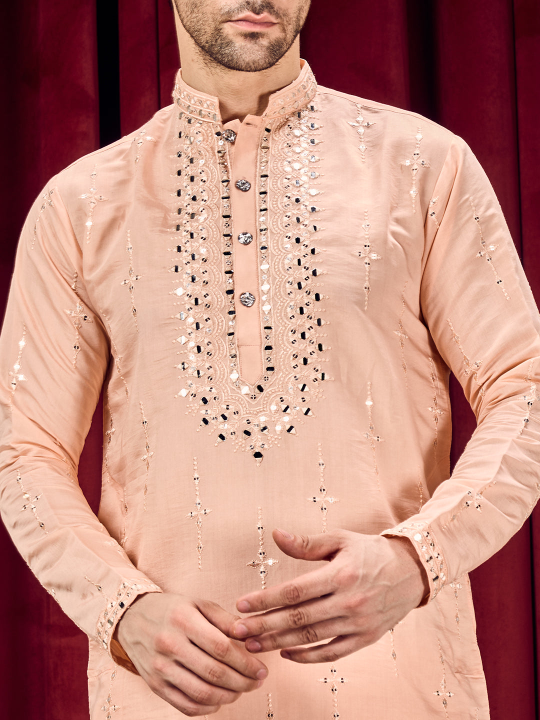 Roshni Peach Real Mirror Neck Kurta With Sequined Embroidery Kurta Set