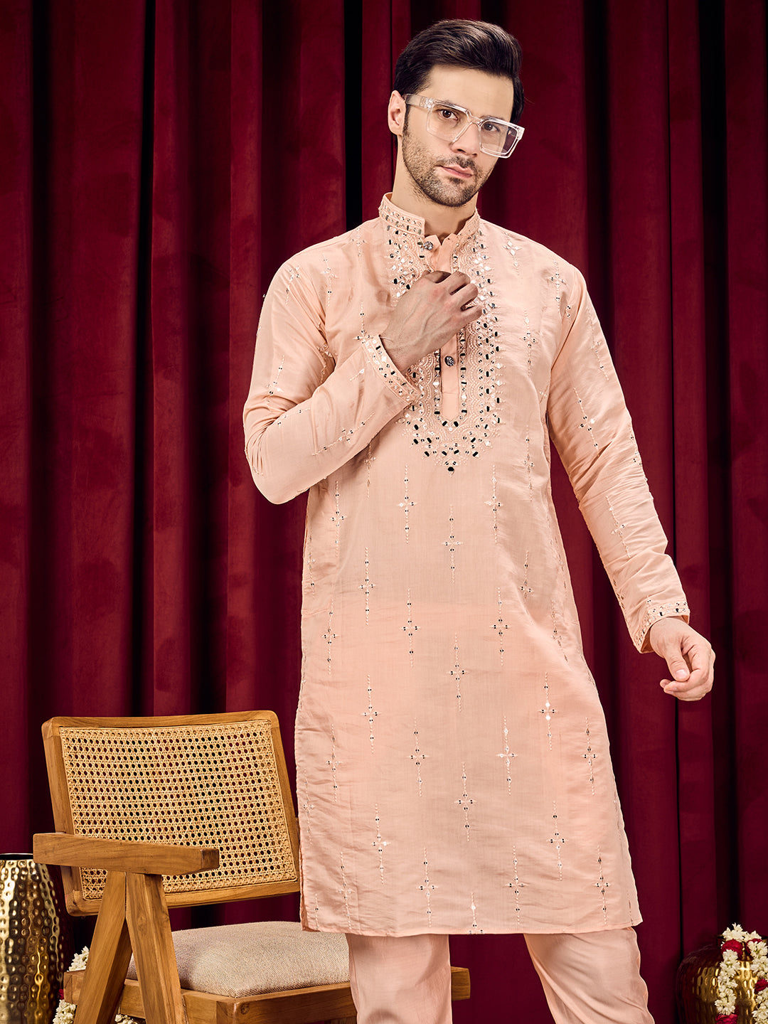 Roshni Peach Real Mirror Neck Kurta With Sequined Embroidery Kurta Set