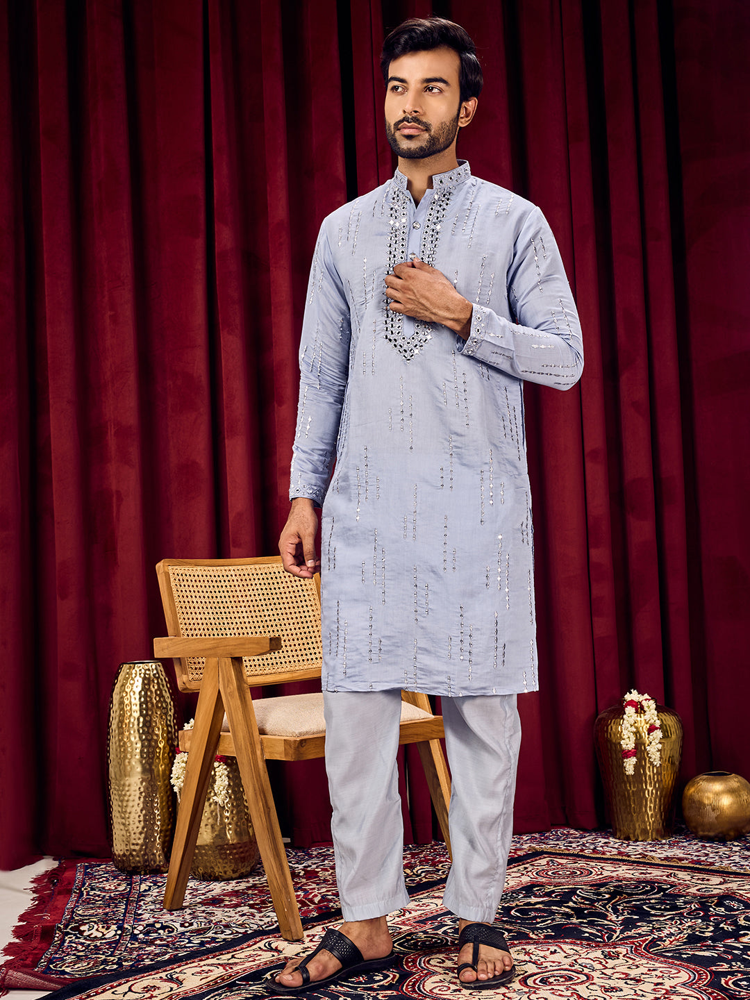 Roshni Blue Real Mirror Neck Kurta With Sequined Embroidery Kurta Set