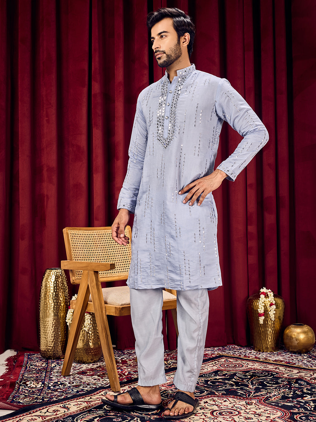 Roshni Blue Real Mirror Neck Kurta With Sequined Embroidery Kurta Set